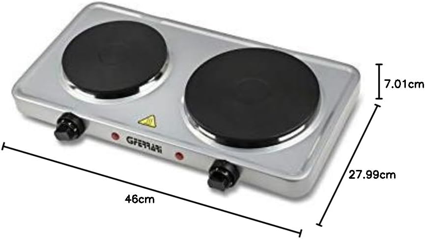 G3 Ferrari G10122 Caldòs Fornello Elettrico Doppio, 1500 + 1000 W, 5 livelli di regolazione temperatura, Piastre in ghisa, Doppia spia di accensione, Potente e versatile per campeggio, Argento
