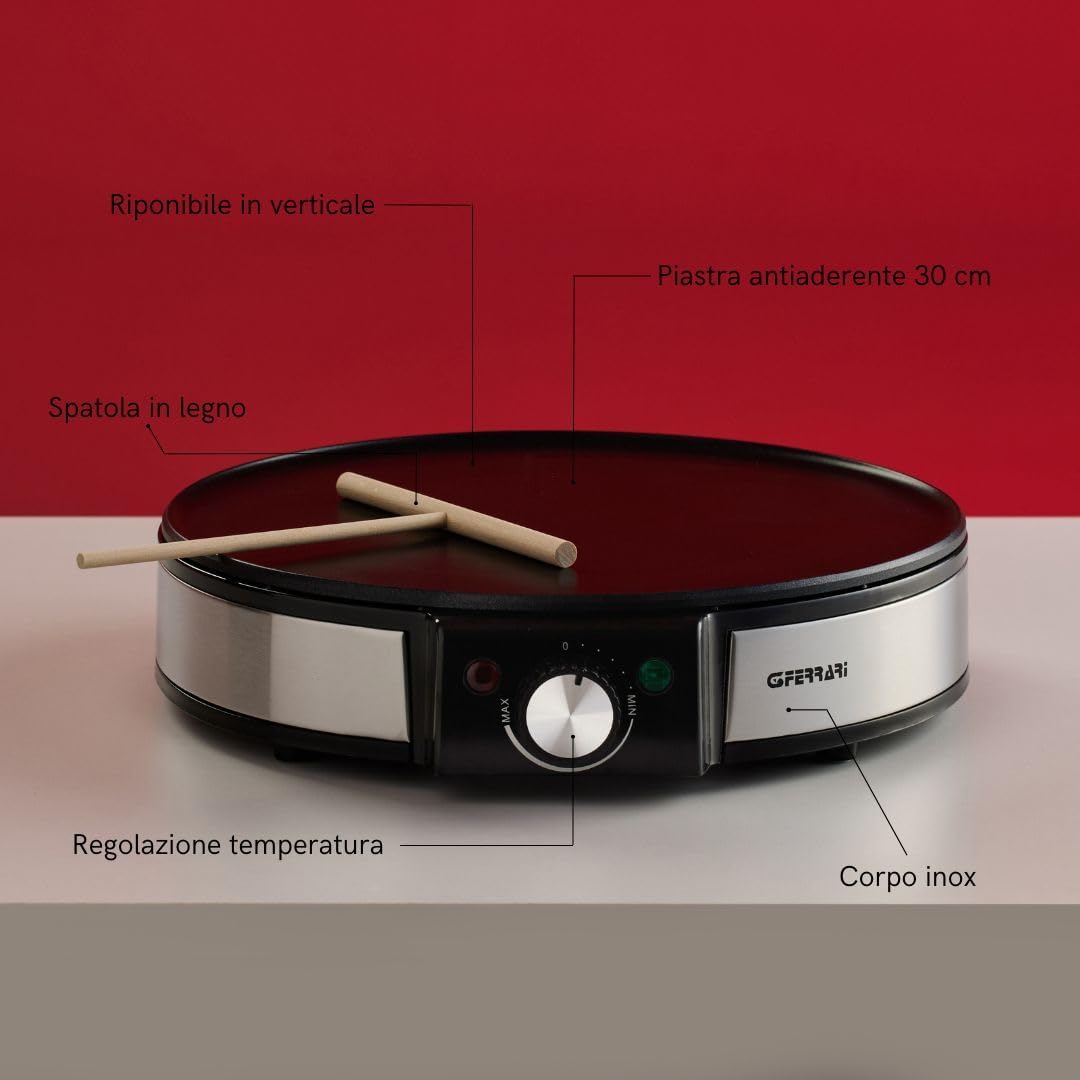 G3 Ferrari G10098 Profi- Crepe Crepiera Elettrica 1200W, Piastra da 30 cm in Inox, Rivestimento Antiaderente, Temperatura Regolabile, Spatola e Paletta in Legno Incluse