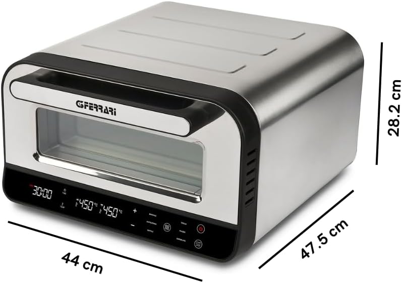 G3 Ferrari G10204 Pizza Pro 2 Minuti, 1700 W, Raggiunge fino 450°C, Pareti fredde,Cottura in 2 minuti, Display digitale con 6 programmi, Pietra refrattaria, Accessori e ricettario inclusi, Grigio/Inox