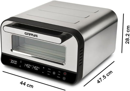 G3 Ferrari G10204 Pizza Pro 2 Minuti, 1700 W, Raggiunge fino 450°C, Pareti fredde,Cottura in 2 minuti, Display digitale con 6 programmi, Pietra refrattaria, Accessori e ricettario inclusi, Grigio/Inox