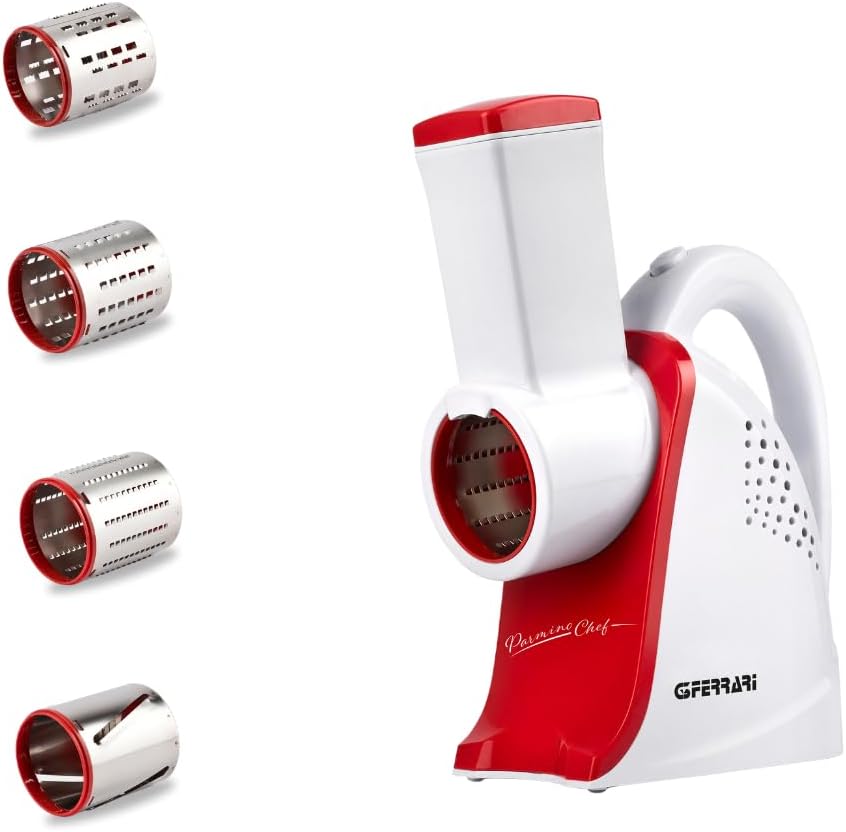 G3 Ferrari G20133 Parmino Chef Grattugia e Affettaverdure Elettrico, 240 W, 4 rulli INOX di taglio intercambiabili, Comoda maniglia, Completamente smontabile, Plastica, Bianco/Rosso