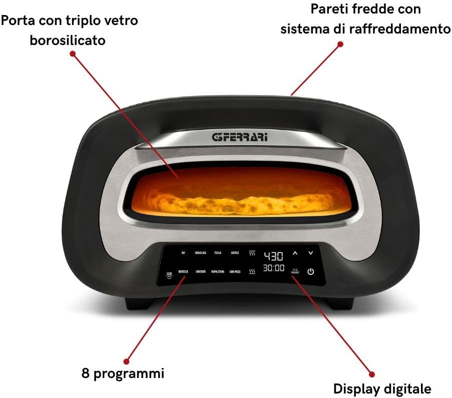 G3 Ferrari G10186 "Pronto Pizza 2 Minuti", 1700 W, Raggiunge fino i 430°C, Pareti fredde, Cottura in 2 minuti, Display digitale, 8 programmi, Pietra refrattaria, Accessori e Ricettari inclusi, Nero