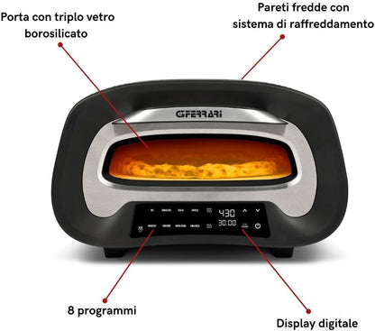 G3 Ferrari G10186 "Pronto Pizza 2 Minuti", 1700 W, Raggiunge fino i 430°C, Pareti fredde, Cottura in 2 minuti, Display digitale, 8 programmi, Pietra refrattaria, Accessori e Ricettari inclusi, Nero