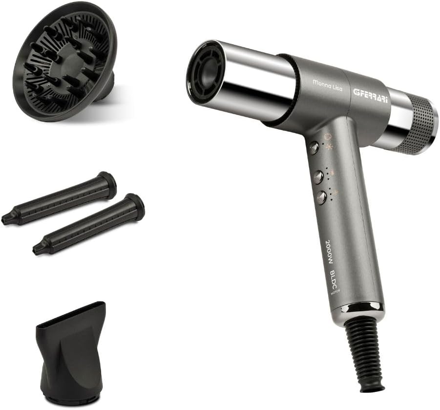 G3 Ferrari G30061 Monna Lisa Asciugacapelli Brushless Professionale, Motore BLDC, 2000 W, 3 Velocità, Funzione Ionic Oxy-active, 110.000 RPM, Diffusore, Concentratore e 2 Coni Wave Design