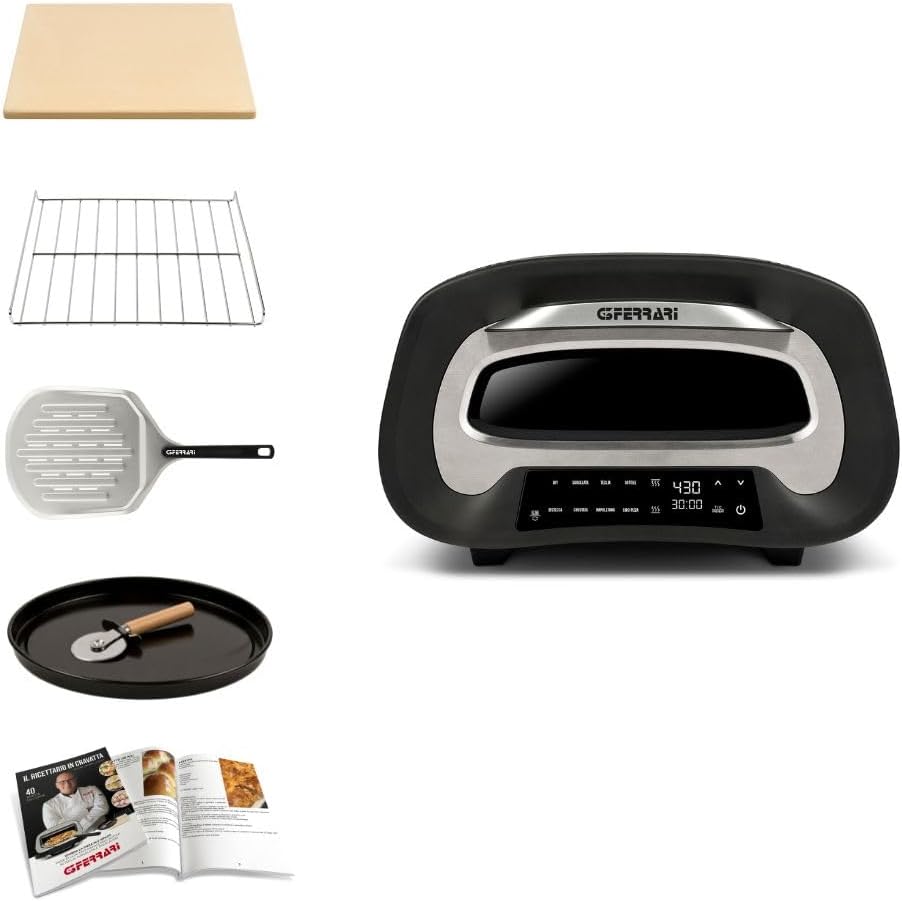 G3 Ferrari G10186 "Pronto Pizza 2 Minuti", 1700 W, Raggiunge fino i 430°C, Pareti fredde, Cottura in 2 minuti, Display digitale, 8 programmi, Pietra refrattaria, Accessori e Ricettari inclusi, Nero
