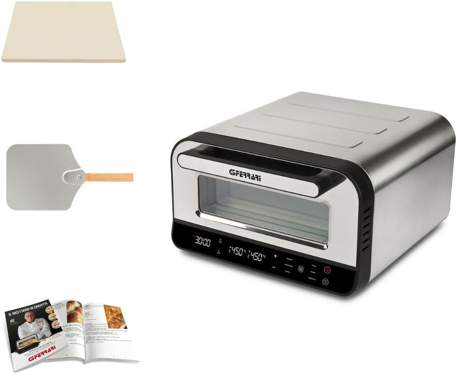 G3 Ferrari G10204 Pizza Pro 2 Minuti, 1700 W, Raggiunge fino 450°C, Pareti fredde,Cottura in 2 minuti, Display digitale con 6 programmi, Pietra refrattaria, Accessori e ricettario inclusi, Grigio/Inox