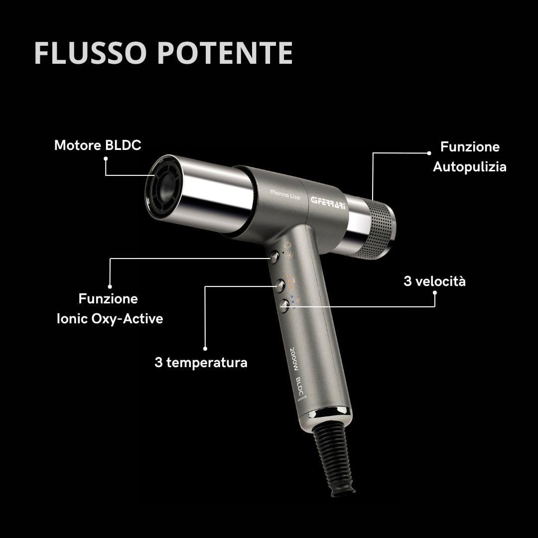 G3 Ferrari G30061 Monna Lisa Asciugacapelli Brushless Professionale, Motore BLDC, 2000 W, 3 Velocità, Funzione Ionic Oxy-active, 110.000 RPM, Diffusore, Concentratore e 2 Coni Wave Design