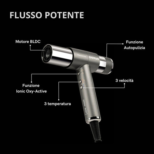G3 Ferrari G30061 Monna Lisa Asciugacapelli Brushless Professionale, Motore BLDC, 2000 W, 3 Velocità, Funzione Ionic Oxy-active, 110.000 RPM, Diffusore, Concentratore e 2 Coni Wave Design