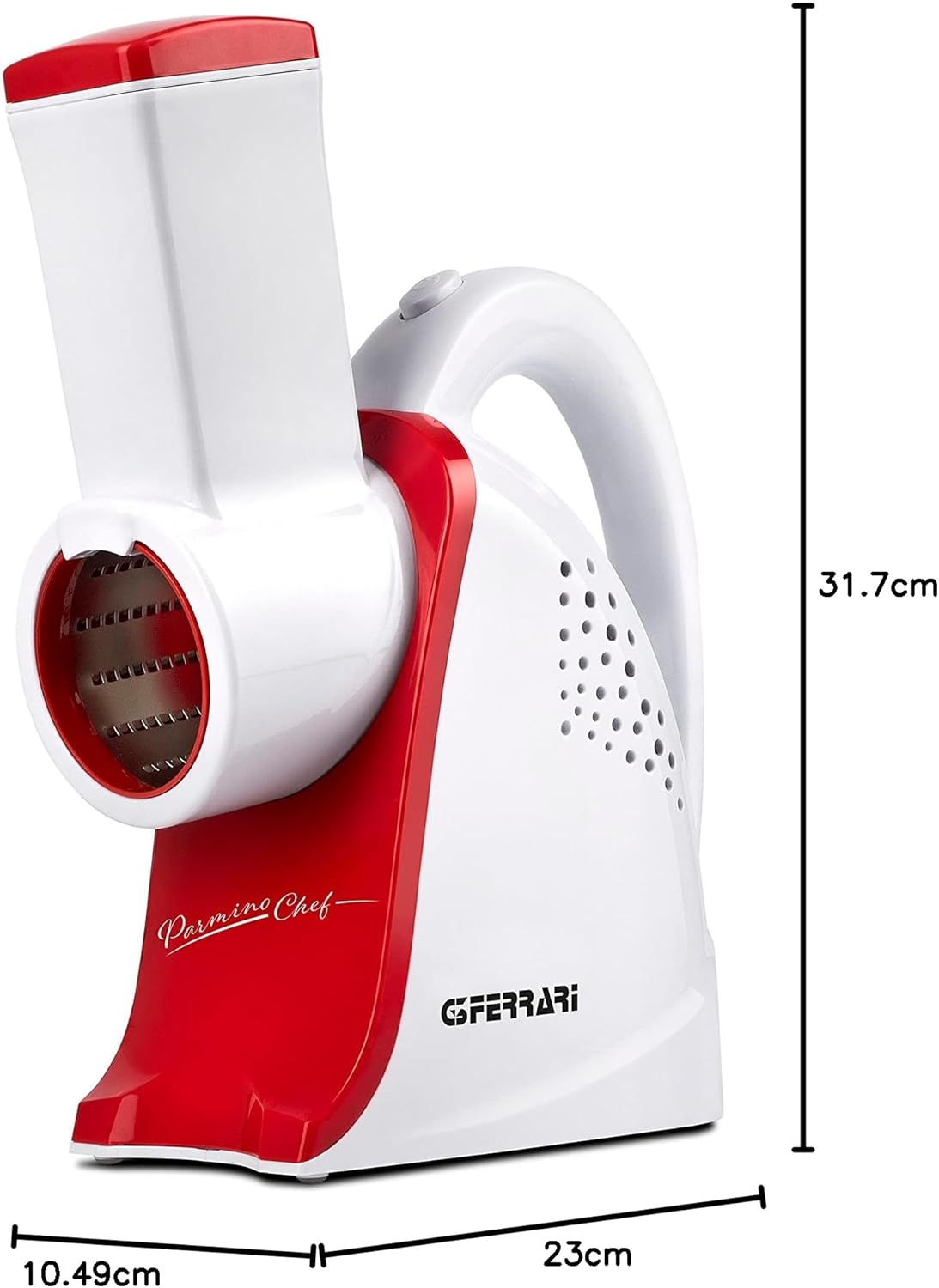 G3 Ferrari G20133 Parmino Chef Grattugia e Affettaverdure Elettrico, 240 W, 4 rulli INOX di taglio intercambiabili, Comoda maniglia, Completamente smontabile, Plastica, Bianco/Rosso
