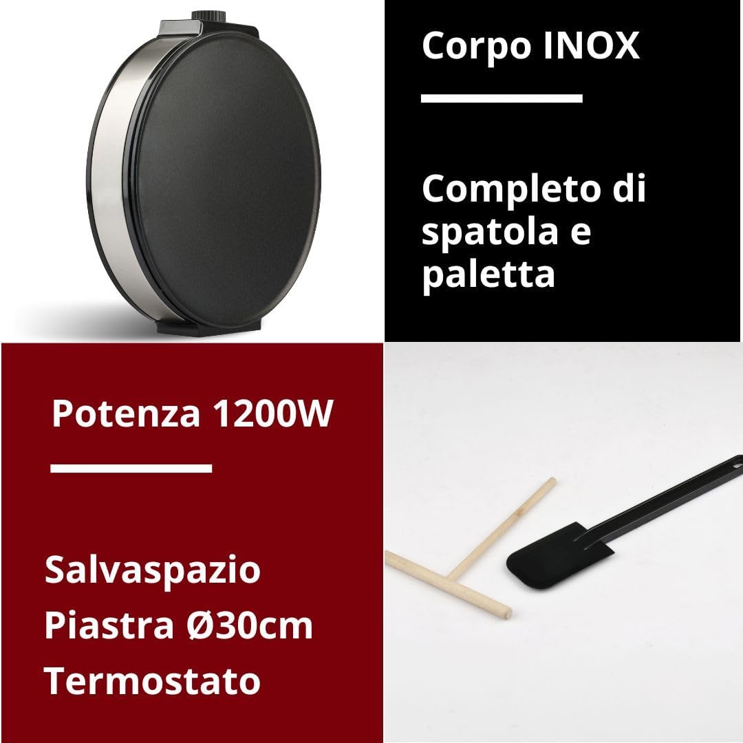 G3 Ferrari G10098 Profi- Crepe Crepiera Elettrica 1200W, Piastra da 30 cm in Inox, Rivestimento Antiaderente, Temperatura Regolabile, Spatola e Paletta in Legno Incluse