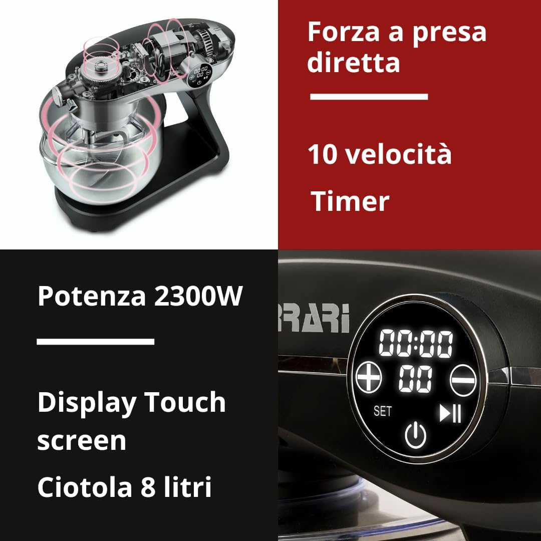 G3 Ferrari G20137 Pastaio Elegance Impastatrice Planetaria a Presa Diretta, 2300 W Max, 8 Litri, Corpo in metallo, 10 Velocità, Display touch screen, Contenitore 8L in Acciaio Inox, Accessori inclusi