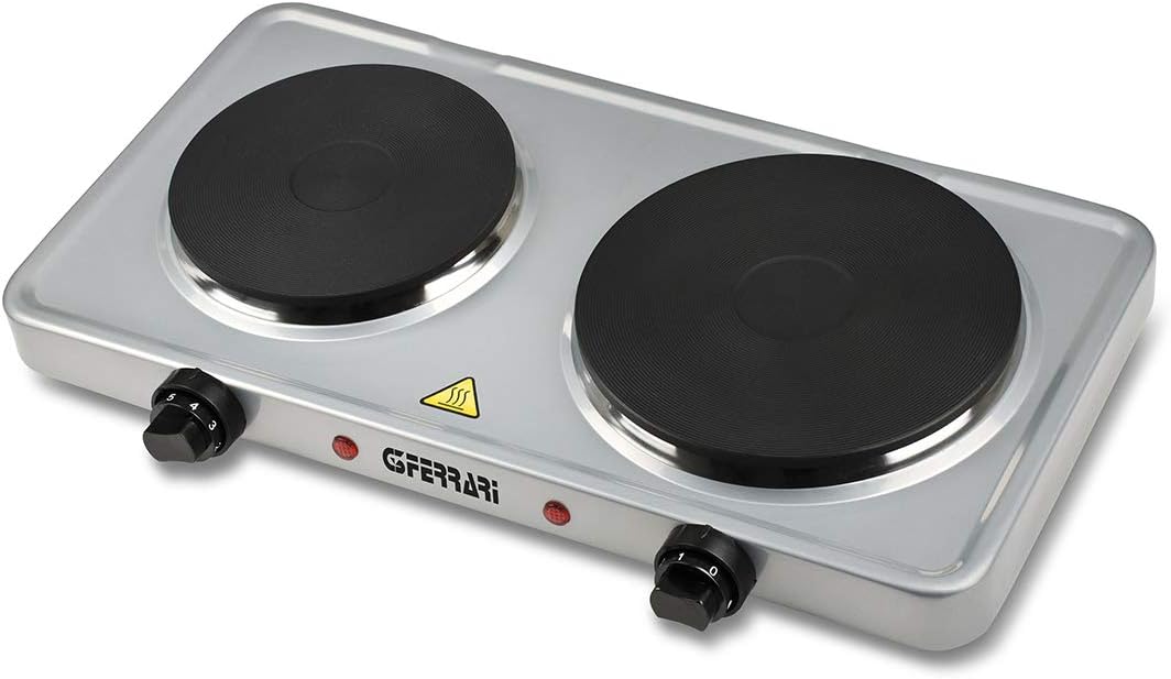 G3 Ferrari G10122 Caldòs Fornello Elettrico Doppio, 1500 + 1000 W, 5 livelli di regolazione temperatura, Piastre in ghisa, Doppia spia di accensione, Potente e versatile per campeggio, Argento