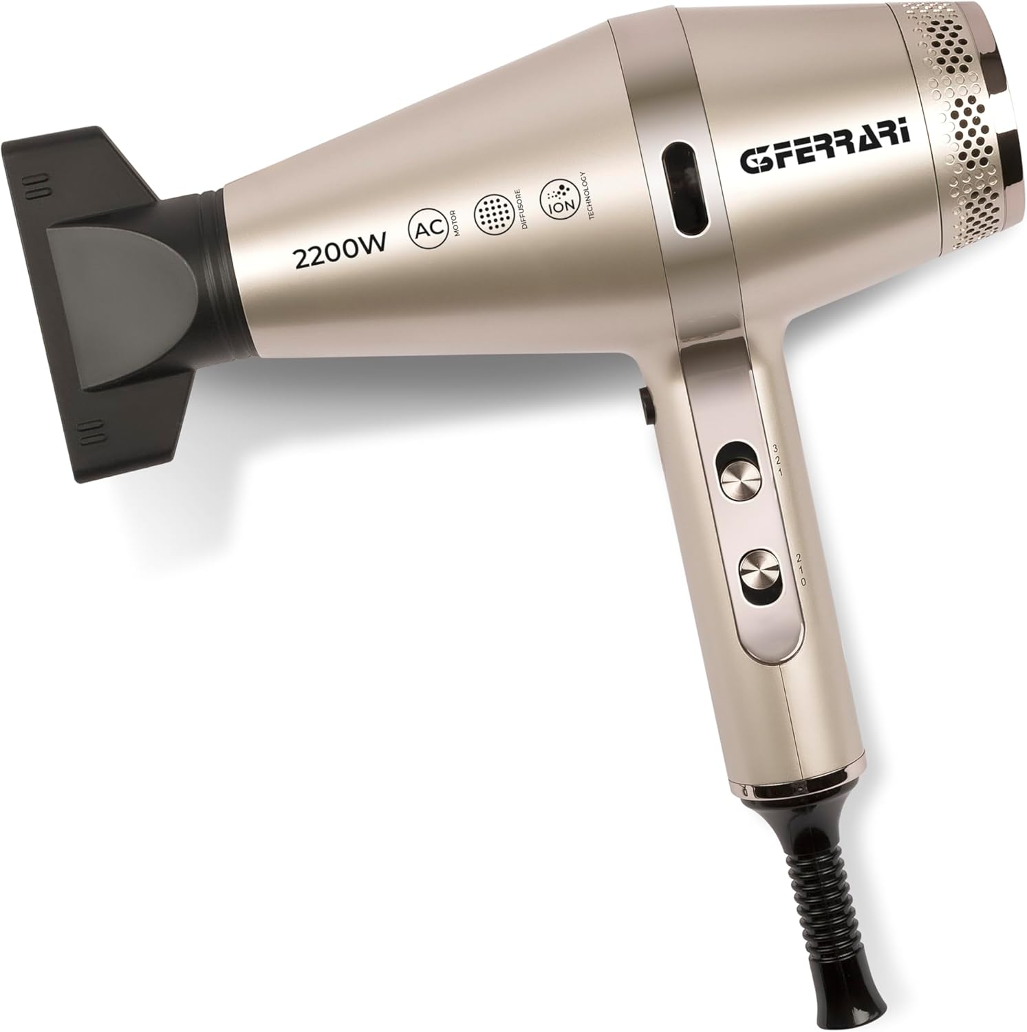 G3 Ferrari G30059 Phon Prtofessionale "Texta Gold" Motor AC, 2 Velocità, 3 Temperature, Funzione Ioni, Getto d'aria Fredda, Diffusore, 2200W, Gold