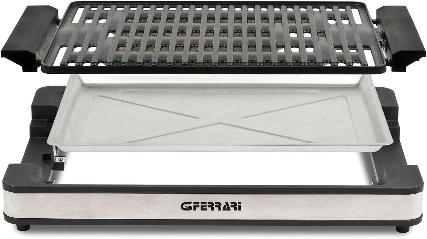 G3 Ferrari G10206 Tito Barbecue, 1800 W, Smokeless, Regolazione Temperatura, Piastra XL 36,5 x 25,5 cm, Dispositivo di Sicurezza, Vassoio Raccogli Grasso, Completamente smontabile, Nero
