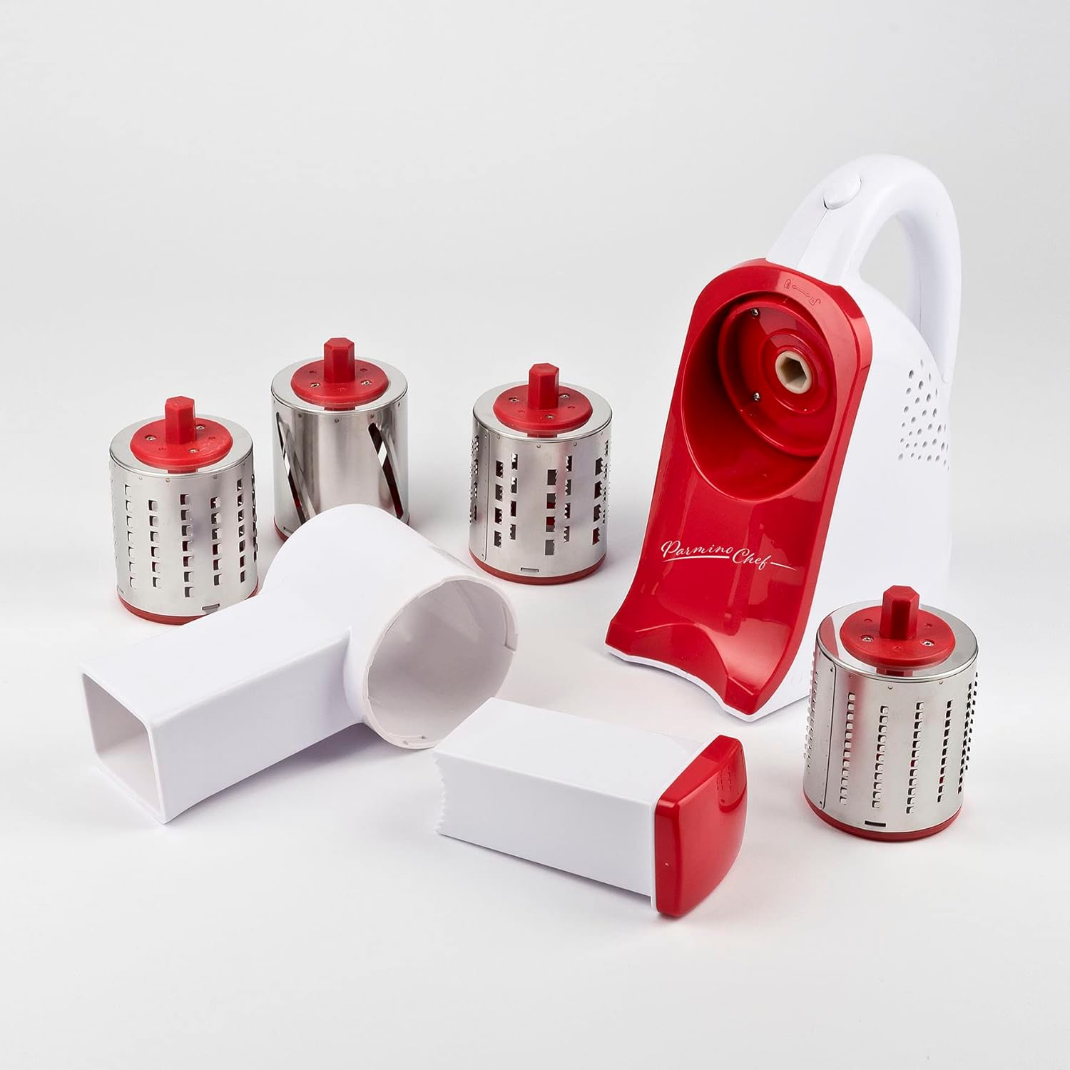 G3 Ferrari G20133 Parmino Chef Grattugia e Affettaverdure Elettrico, 240 W, 4 rulli INOX di taglio intercambiabili, Comoda maniglia, Completamente smontabile, Plastica, Bianco/Rosso