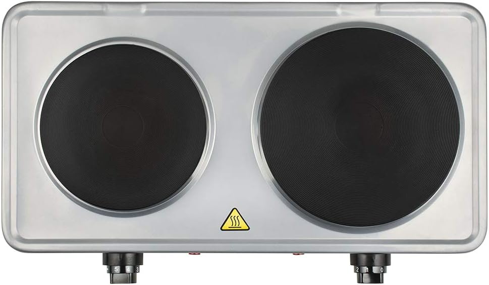 G3 Ferrari G10122 Caldòs Fornello Elettrico Doppio, 1500 + 1000 W, 5 livelli di regolazione temperatura, Piastre in ghisa, Doppia spia di accensione, Potente e versatile per campeggio, Argento