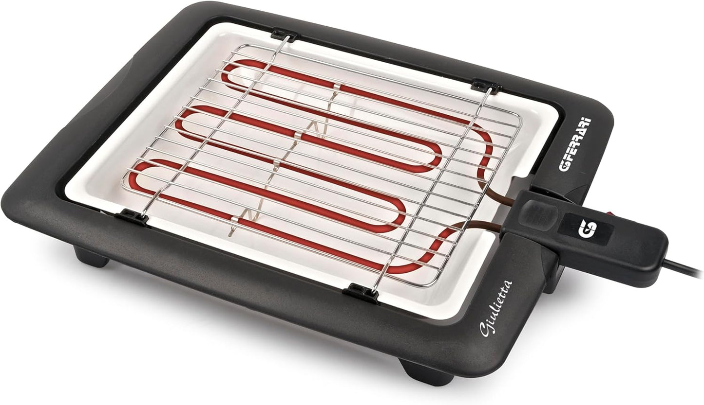 G3 Ferrari G10024 Giulietta Barbecue Elettrico, 2000 W, Griglie Inox, Area cottura 31 x 25 cm, Vassoio porcellanato per facile pulizia, Resistenza in acciaio corazzato, Griglia doppia, Nero