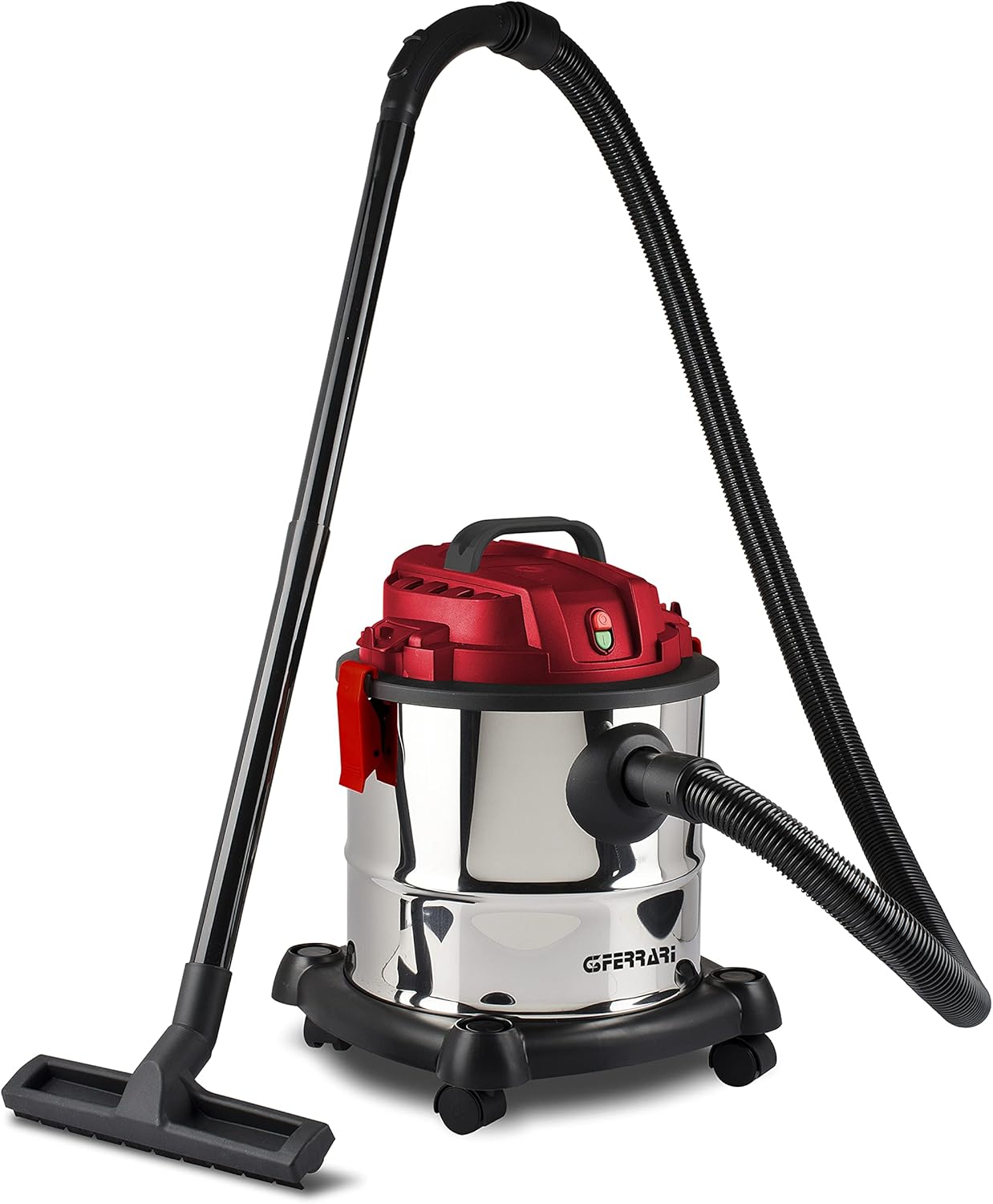 G3 Ferrari G90028 Fusto Red Bidone Aspira Solidi e Liquidi,1000 W, 18kPa, Wet&Dry, Filtro in tessuto, Accessori inclusi, Acciaio Inox/Rosso