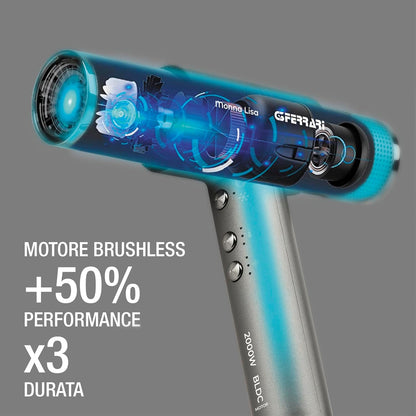 G3 Ferrari G30061 Monna Lisa Asciugacapelli Brushless Professionale, Motore BLDC, 2000 W, 3 Velocità, Funzione Ionic Oxy-active, 110.000 RPM, Diffusore, Concentratore e 2 Coni Wave Design