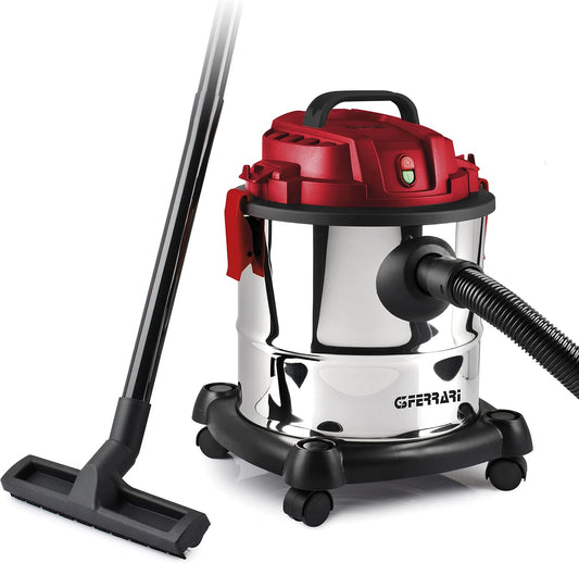 G3 Ferrari G90028 Fusto Red Bidone Aspira Solidi e Liquidi,1000 W, 18kPa, Wet&Dry, Filtro in tessuto, Accessori inclusi, Acciaio Inox/Rosso