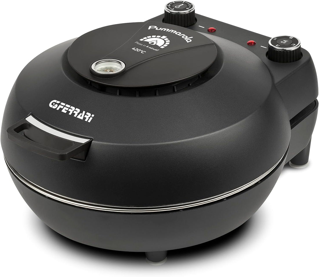 G3 Ferrari G10199 Forno Pizza "Pummarola", Fino a 420 °C, 1200W, 2 Pietre Refrattarie, Pareti fredde, Palette INOX, Ricettario incluso, Visore temperatura, Chiusura ammortizzata, Nero opaco