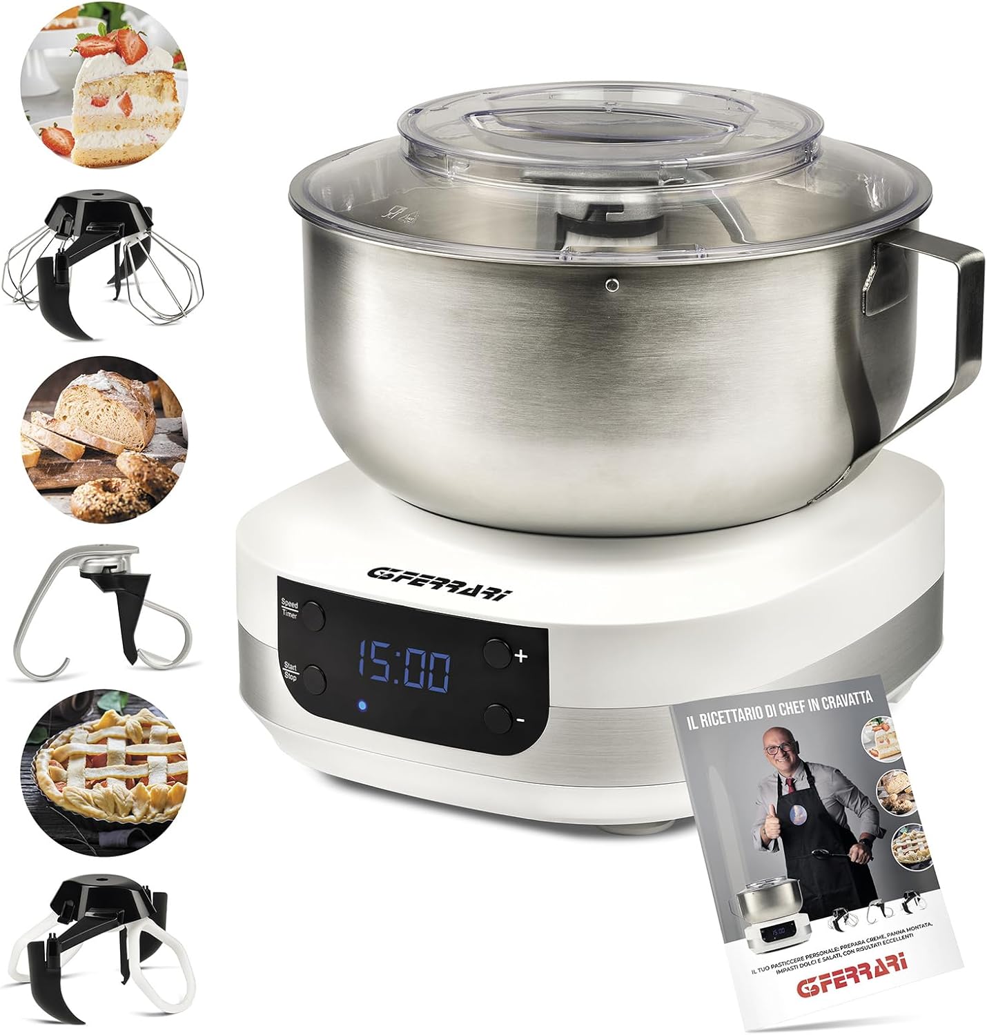 G3 Ferrari G20145 Impastatrice Planetaria Pastaio Gourmet, 1500 Watt, 5 Litri, Ciotola Inox con maniglia, Display digitale, 5 velocità, Timer, Ricettario incluso