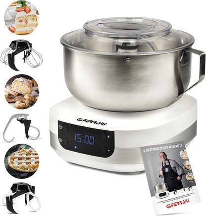 G3 Ferrari G20145 Impastatrice Planetaria Pastaio Gourmet, 1500 Watt, 5 Litri, Ciotola Inox con maniglia, Display digitale, 5 velocità, Timer, Ricettario incluso