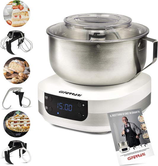 G3 Ferrari G20145 Impastatrice Planetaria Pastaio Gourmet, 1500 Watt, 5 Litri, Ciotola Inox con maniglia, Display digitale, 5 velocità, Timer, Ricettario incluso