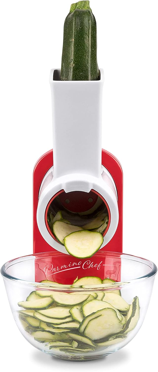 G3 Ferrari G20133 Parmino Chef Grattugia e Affettaverdure Elettrico, 240 W, 4 rulli INOX di taglio intercambiabili, Comoda maniglia, Completamente smontabile, Plastica, Bianco/Rosso