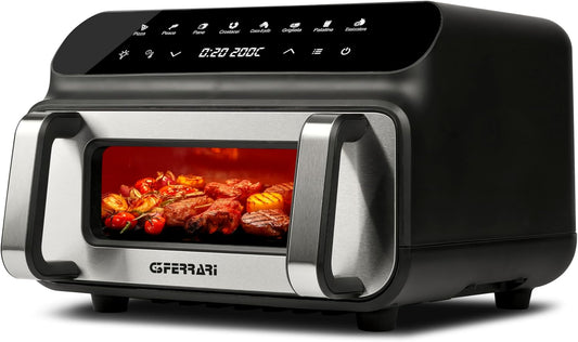 G3 Ferrari G10181 Friggitrice e griglia ad Aria BBQ, 2000W, 10 Litri XXL, 8 Programmi, Multifunzione, Barbecue Smokeless, BPA PFOA Safe, Accessori e Ricettario inclusi, Timer, Nero/Grigio Argento