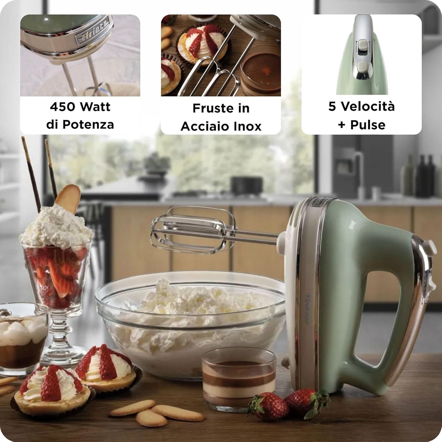 Ariete 1548 Sbattitore Vintage, 450W, 5 velocità, Funzione turbo, 2 fruste, Verde